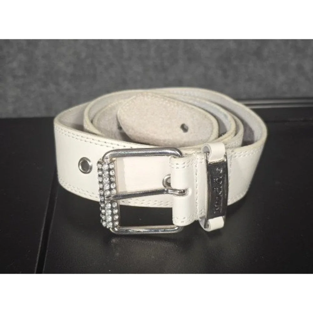 Mudd Womens White‎ Genuine Leather Rhinestone Buckle Belt Size XL Style B385M